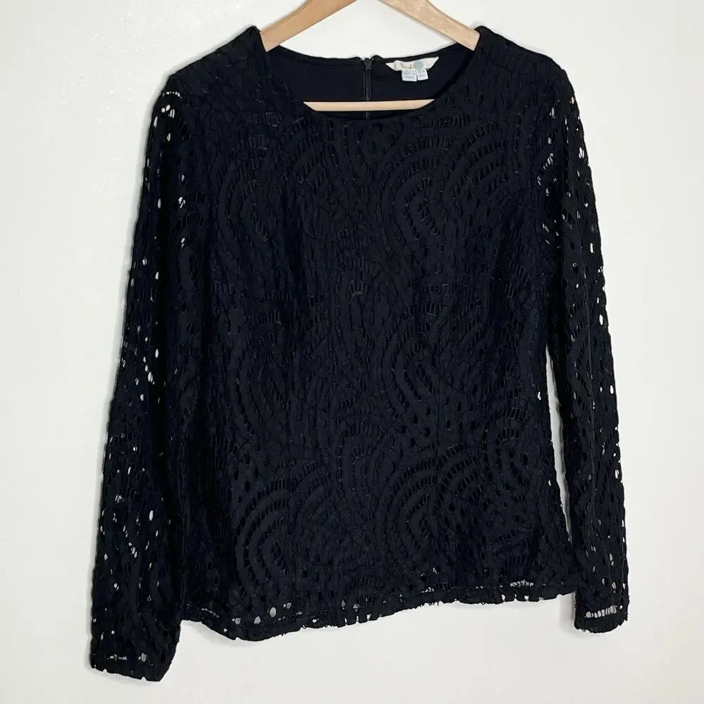 Boden Zeta Lace Top Size 6 Black Long Sleeve Lined Openwork Blouse